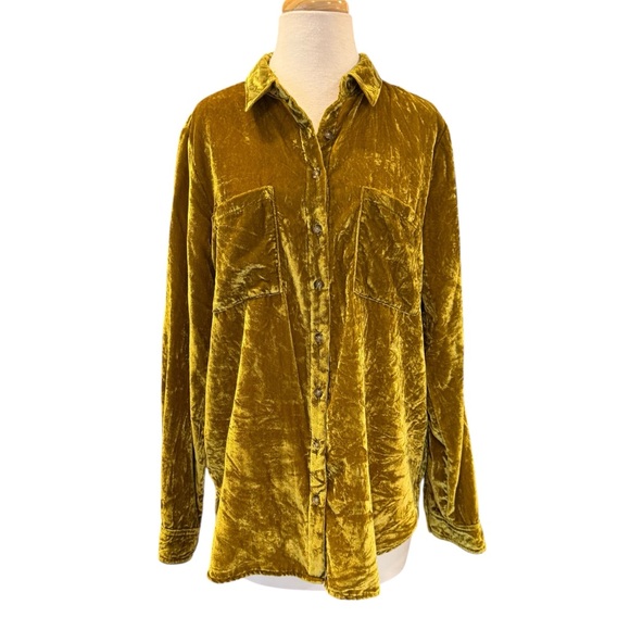 Maeve Anthropologie Karina Chartreuse Velvet Button Down Shirt Blouse Size 10 - Picture 2 of 12